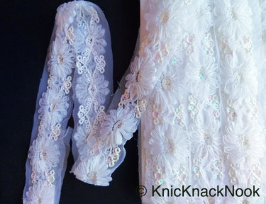 Wholesale White Flower Tissue Net Fabric Lace Trim With Sequins, Floral Trim, Wedding Supplies Trim By 9 Yards
